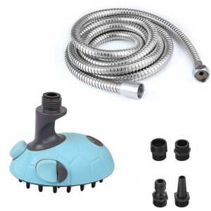 Pet shower head with hose, shampoo dispenser, and water control, blue and black - Pet brush, clippers, scissors, claw clippers
