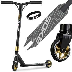 Soke PRO freestyle scooter with gold wheels, black deck, and black handlebars, comes with stickers and wristband - Scootering