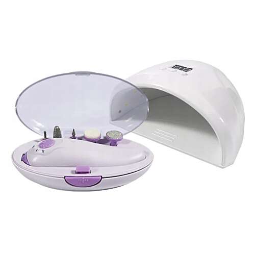 Fehér körömszárító lámpa beépített időzítővel és LED lámpákkal, valamint egy lila elektromos körömcsiszoló 5 tartozékkal hordtáskában