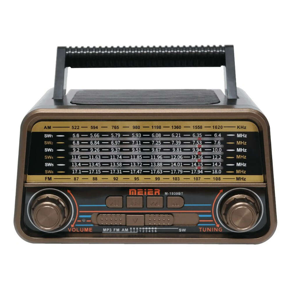 Meier M-1939BT Hordozható 8 sávos AM/FM/SW1-6 rádió, TF kártya és MP3 lejátszó, újratölthető hangszórók Bluetooth Retro Design