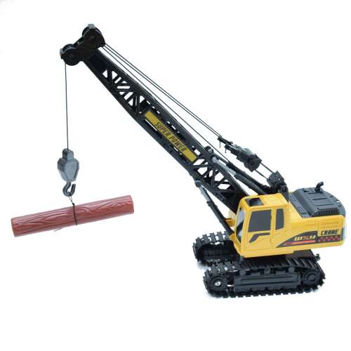 Remote control construction crane toy, yellow and black, with a log, 3/4 view