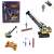 Remote control construction crane toy, yellow and black, with a log, remote control, USB cable, and battery