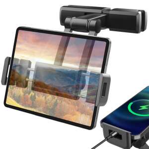 Fekete autós fejtámlához való tablet és telefontartó, univerzális, a legtöbb telefonhoz és táblagéphez illeszkedik, állítható képernyőmérethez, könnyen felszerelhető, biztonságos fogás - Autós tablet tartó