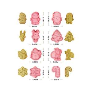 8 db karácsonyi süti forma készlet, köztük mézeskalács ember, hóember, rénszarvas, karácsonyfa, hópehely és cukorka pálca formák - Sütemény pecsét