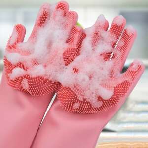 Mosogató kesztyű pár, rózsaszín szilikonból, súroló felülettel - Kézi mosogatás