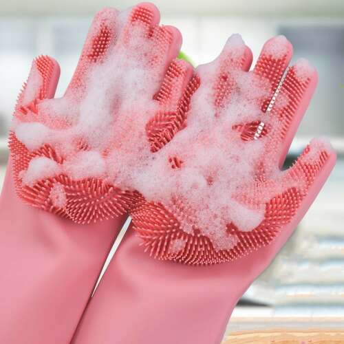 Mosogató kesztyű pár, rózsaszín szilikonból, súroló felülettel