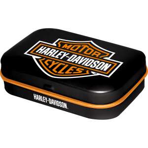 Harley Davidson logo mint tin, black with orange trim - Cukorka