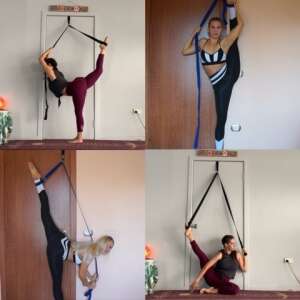 Kollázs nőkkel, akik ajtóra szerelhető rugalmassági hevedert használnak nyújtó gyakorlatokhoz - Edzőheveder