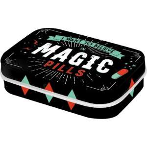 Magic Pills tin box, black with white and red text, mint green accents, I want to believe in magic pills - Cukorka