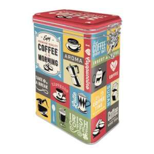 Coffee Collage - Aromazáras Tárolódoboz, metal storage container with colorful coffee design, 1.3L - Kitchen Storage Container