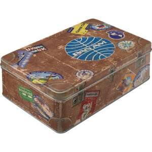 Pan Am Travel Stickers Storage Box, vintage suitcase design, metal tin, embossed pattern - Kitchen Storage Container