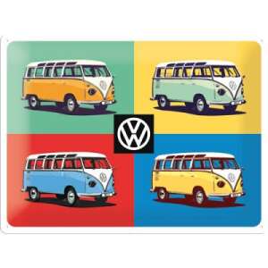 VW Bulli Pop Art Metal Sign, 4 different colored VW Bulli vans on a white background - Art