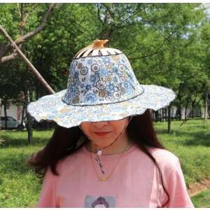 2 az 1-ben összecsukható legyező és kalap, kék virágmintás, bambusz anyagból - Női kalap