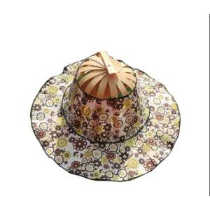 2 az 1-ben összecsukható legyező és kalap, sárga és barna virágmintás, bambusz, nyári kiegészítő - Női kalap