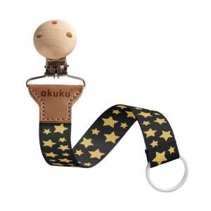 Akuku cumitartó csipesz csillagos mintával, fekete és arany színben, fa golyóval, bőr pánttal, ruhacsipesz - Akuku