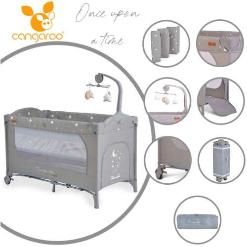 Cangaroo Once Upon a Time 2 multifunkciós utazóágy, szürke, csillagos mintával, a kiságy, a matrac, a hordtáska, a mobil és az oldalsó panel látható