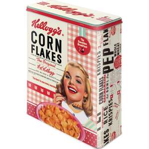 Kellogg's Corn Flakes metal storage box, vintage design, red and white, with a woman eating cereal - Kitchen Storage Container