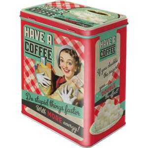 Have a Coffee metal storage box, retro design, red and green, with a woman on the front - Kitchen Storage Container