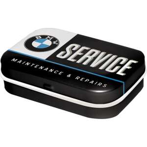 Retro BMW Service Mint Tin, black metal tin with white and blue details, featuring the BMW logo and the words 'Service, Maintenance & Repairs' - Cukorka