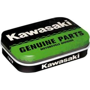 Mincovňa Kawasaki Genuine Parts, zelená a čierna kovová krabička s pántovým vekom, motív motocykla - Potraviny & Nápoje