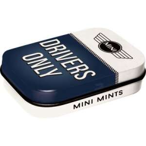 Mini Drivers Only Mint Tin, blue and white tin with Drivers Only text, Mini logo and Mini Mints text - Cukorka