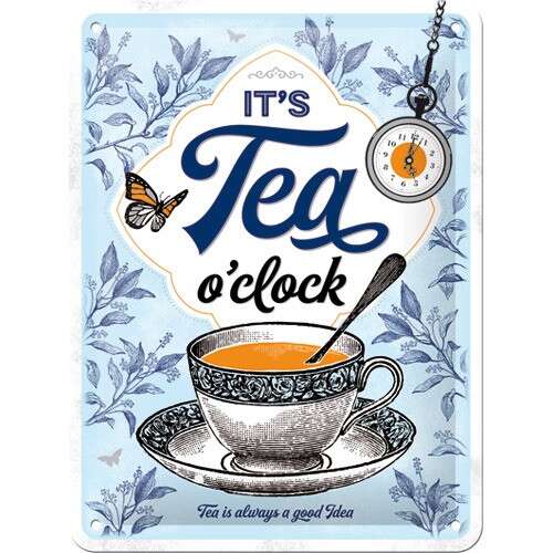 It's Tea O'Clock - Fémtábla, Nostalgic Art fém tábla teáscsészével és órával, kék és fehér mintával - Nostalgic-Art
