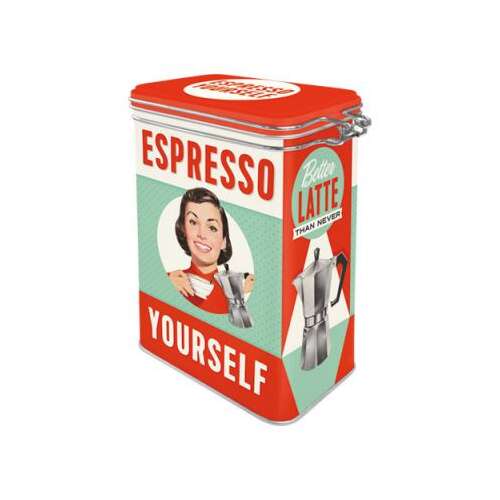 Espresso Yourself metal storage tin with retro design, perfect for coffee, tea, sugar, or other kitchen essentials