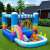 Pepita inflatable bouncy castle with pool, children playing outside, rainbow design, blue and white colors