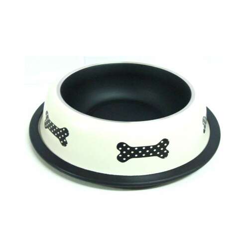 Raintech fém etetőtál gumiperemmel, 1,55l / 29,5cm, fehér, fekete pöttyös csont mintával