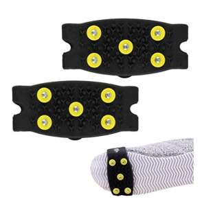 Pair of black rubber shoe traction cleats with yellow studs, for walking on ice and snow - Anti-slip insole