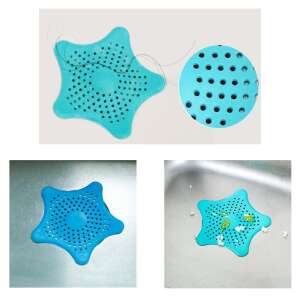 Collage of images showing the blue silicone star shaped drain strainer in different situations - Drain filter