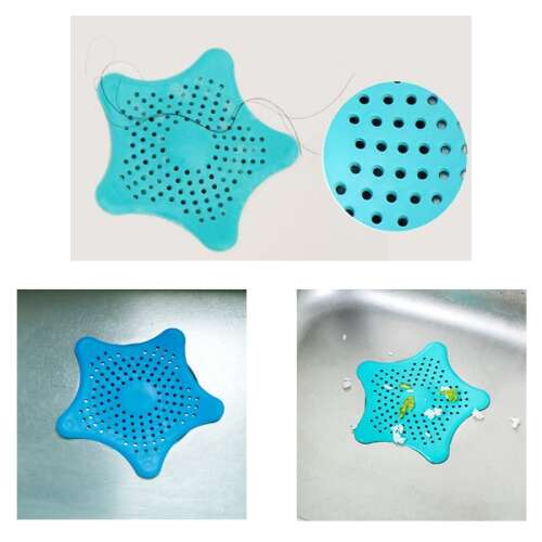 Collage of images showing the blue silicone star shaped drain strainer in different situations
