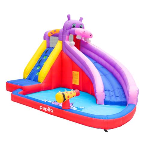 Pepita Hippo Water Slide Inflatable Bouncy Castle with Slide, Climbing Wall, Water Spray, Purple-Red