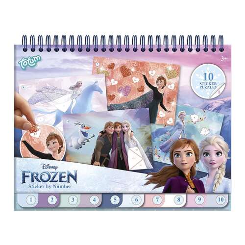 Frozen sticker by number activity book with 10 puzzles, featuring Elsa, Anna, Olaf, Kristoff, and Sven