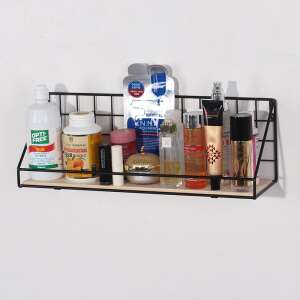 Čierna kovová polica na stenu s drevenou poličkou, ideálna na organizovanie kúpeľňových doplnkov, kozmetiky alebo malých predmetov - Police