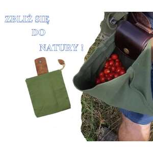 Green canvas fruit picking bag with berries inside, worn on a belt, close-up - Fruit Picker