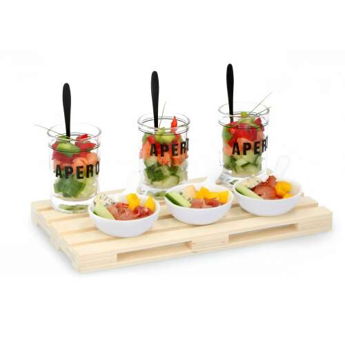 Alpina előétel készlet üveg tálkákkal, porcelán tálkákkal, kanalakkal és fa tálcával