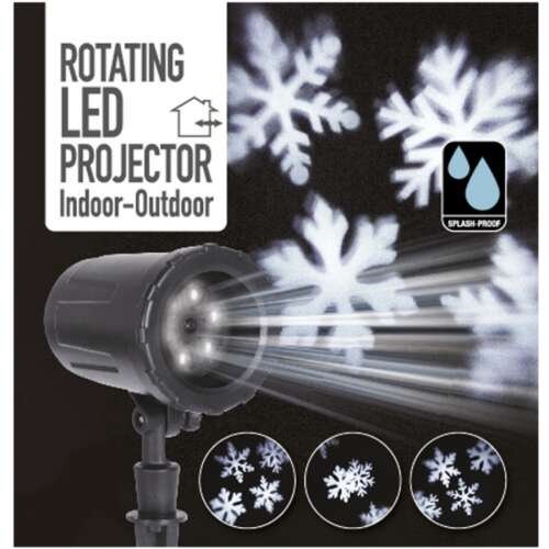 Rotating LED projector for indoor and outdoor use, projects snowflakes, splash proof