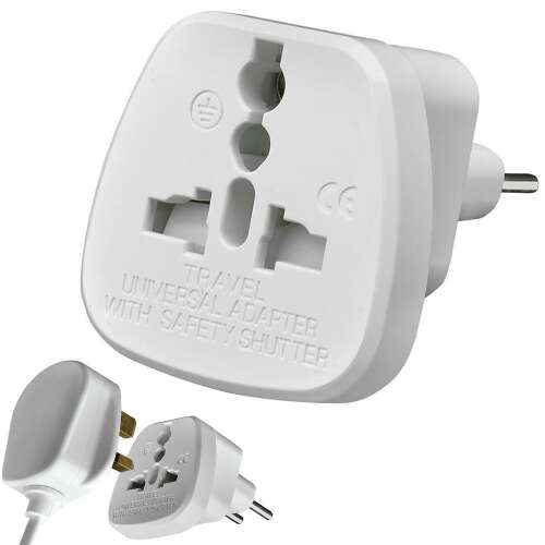 Adaptor de călătorie din UK în UE, alb, universal, cu obturator de siguranță, 2 pini, 10A/16A