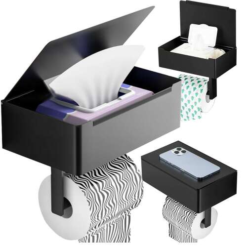Fekete WC-papír tartó zsebkendő tartóval és polccal, loft stílusú, modern design