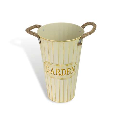 Cream colored metal vase with rope handles, 'GARDEN' inscription, 18x30cm