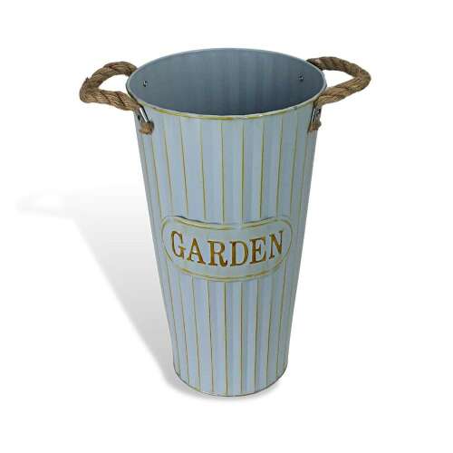 Blue metal vase with rope handles, 'Garden' inscription, 19x35cm