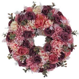 Tavaszi koszorú rózsaszín és bordó rózsákkal, 26cm átmérőjű, otthoni dekorációhoz - Ajtódísz