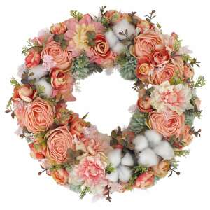 Barack és fehér virágos koszorú, 30cm, otthoni dekoráció - Ajtódísz