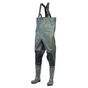 Jaxon Prestige Plus mellvédő nadrág, zöld horgász nadrág fekete csizmával - Horgász csizma és bakancs