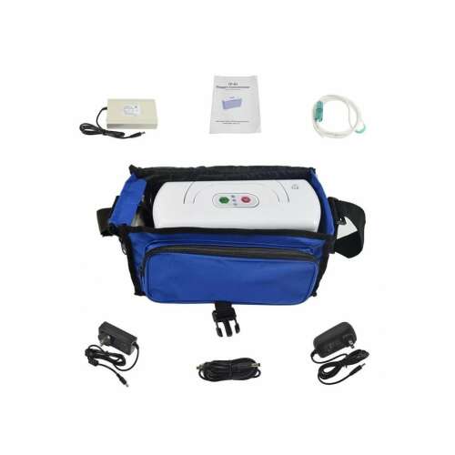 Portable oxygen concentrator with accessories, including carrying bag, power adapter, battery charger, and nasal cannula