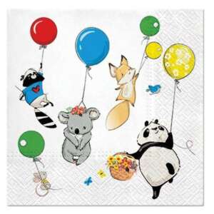 20 de șervețele de petrecere cu animale de 33x33 cm, cu un panda, o vulpe, un koala, un raton și un șoarece care țin baloane - Șervețele