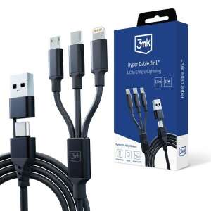Cablu USB 3in1 3mk Hyper Cable cu conectori USB-A, Type-C, microUSB și Lightning, negru, 1,5 m - Cabluri Lightning