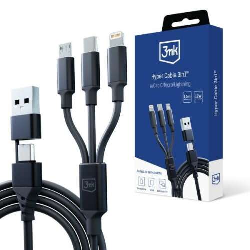 3MK kábel Hyper 3w1 USB-A - USB-C / USB-C, microUSB, Lightning 1,5 m čierny