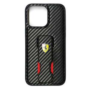 Ferrari Grip Stand iPhone 15 tok, fekete szénszálas, állvánnyal, PU, védőburkolat - Ferrari
